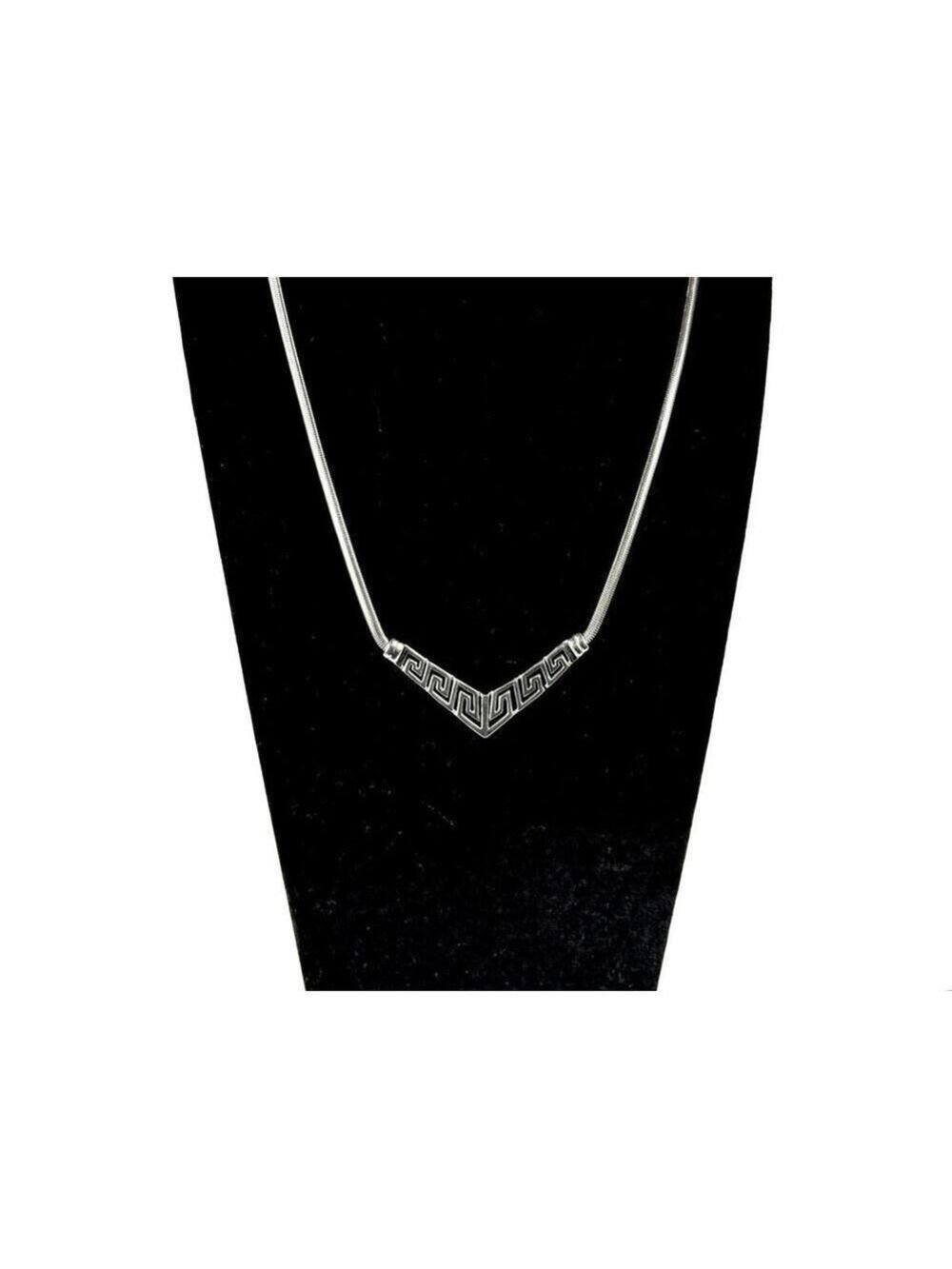 Tocara Stainless Steel Greek Key V Pendant Snake Chain Modernist Necklace